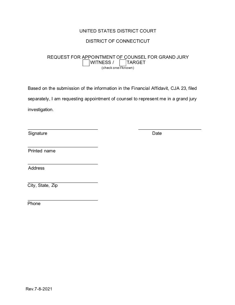 Request For Appointment Of Counsel For Grand Jury | Pdf Fpdf Doc Docx | Connecticut