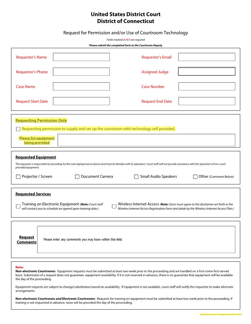 Request For Permission And Or Use Of Courtroom Technology | Pdf Fpdf Docx | Connecticut