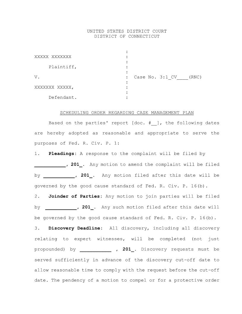 Scheduling Order Regarding Case Management Plan (Judge Chatigny) | Pdf Fpdf Docx | Connecticut