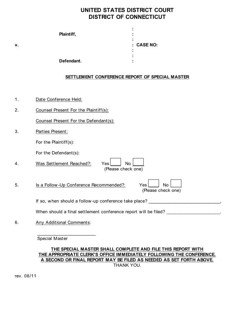 Settlement Conference Report Of Special Master | Pdf Fpdf Docx | Connecticut