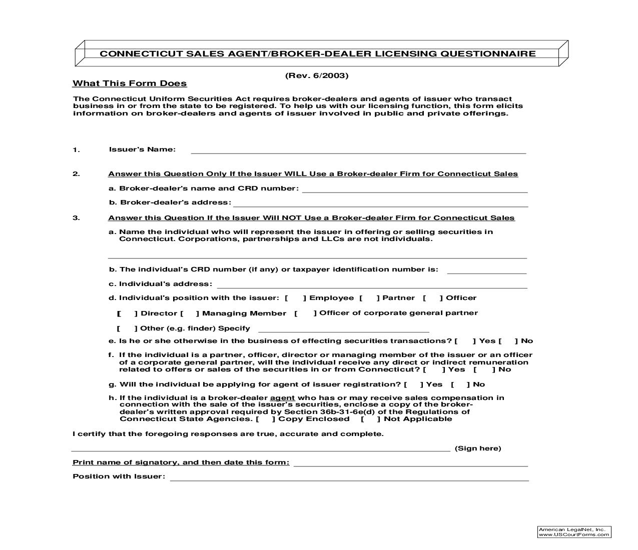 Connecticut Sales Agent Broker-Dealer Licensing Questionnaire {SABDQ} |  | Connecticut