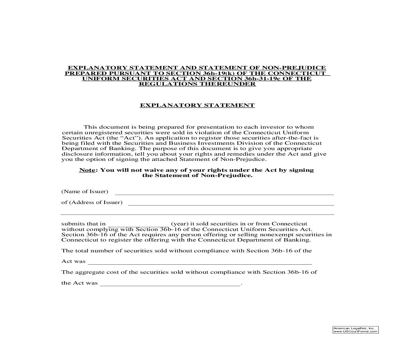 Explanatory Statement And Statement Of Non-Prejudice Prepared Pursuant To Section 36b-19(k) {POSEC} |  | Connecticut