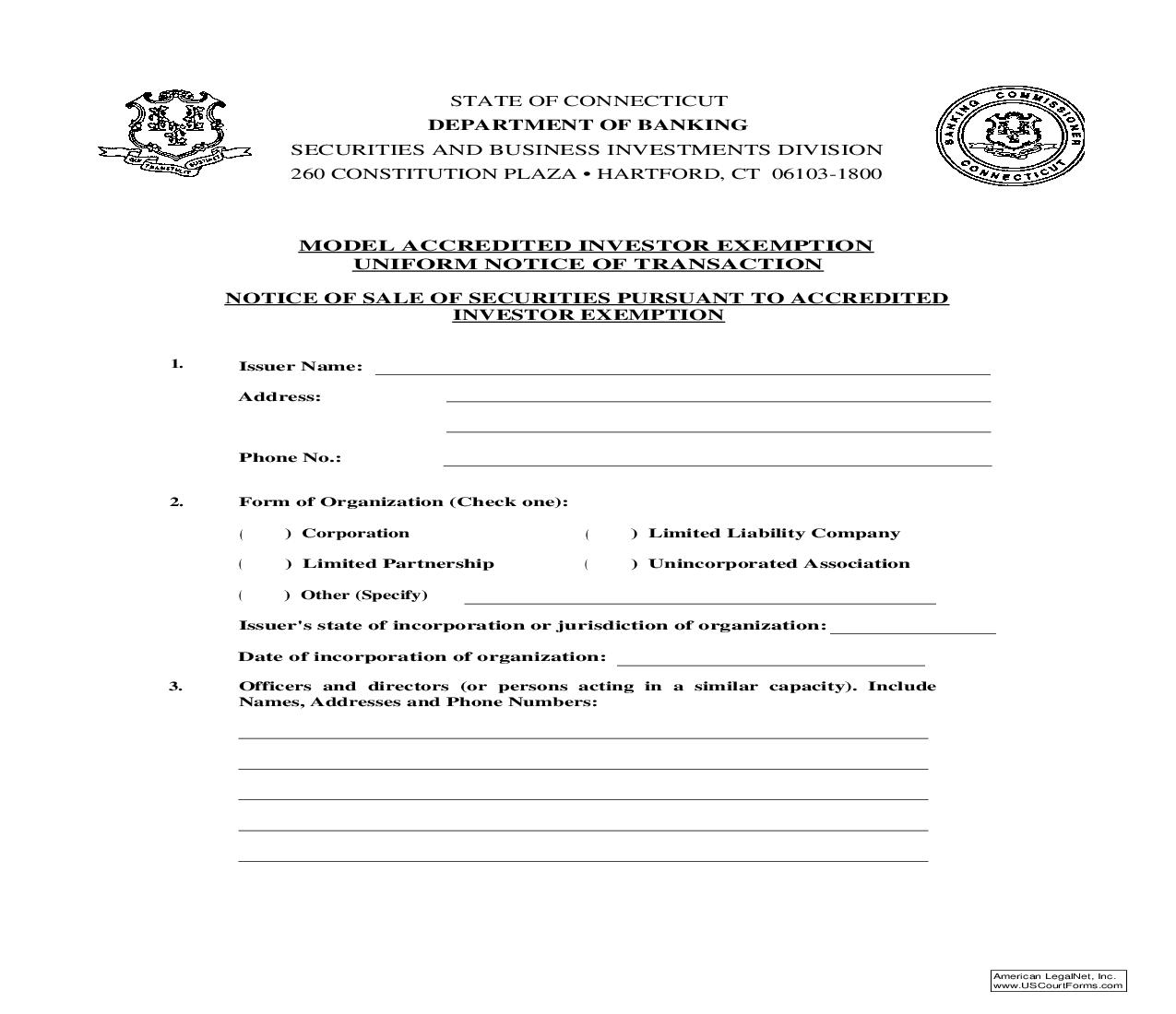 Model Accredited Investor Exemption Uniform Notice Of Transaction {MAIE} |  | Connecticut