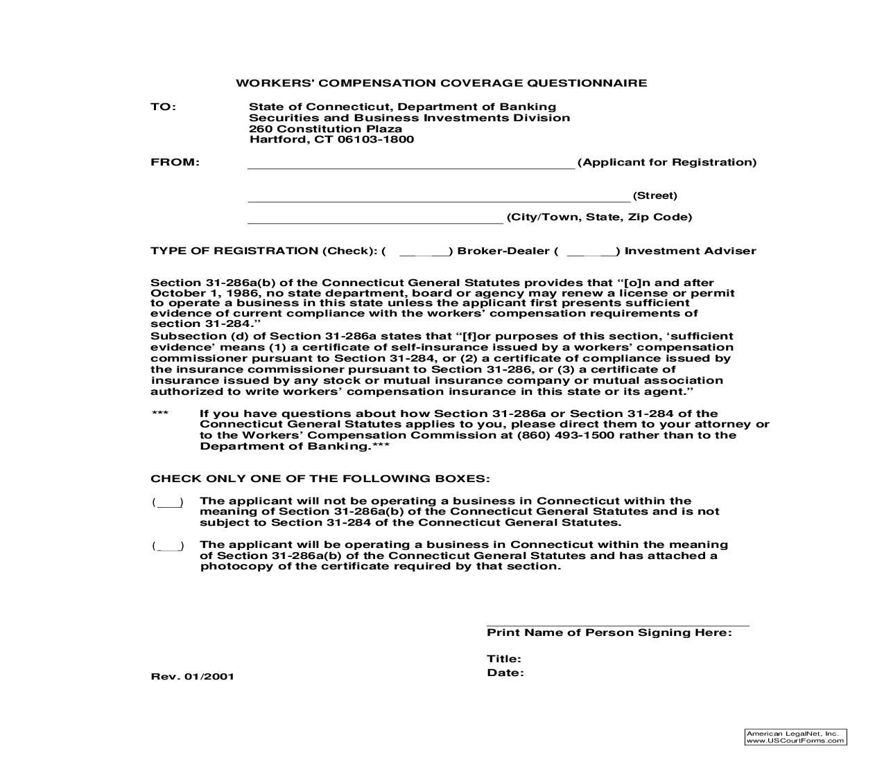 Workers Compensation Coverage Questionnaire {WCCQ} |  | Connecticut