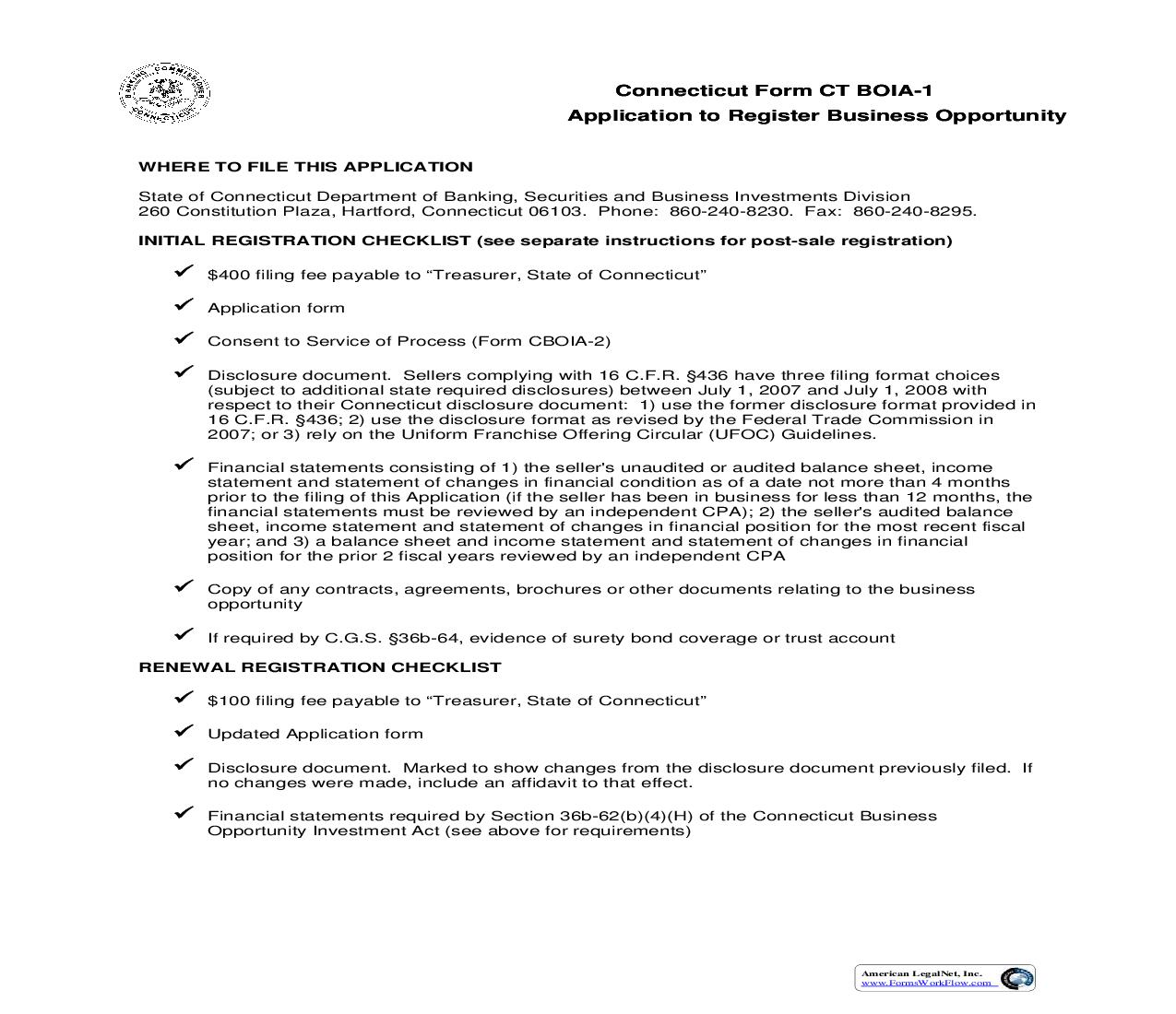 Application To Register Business Opportunity Investment With Connecticut Banking Commissioner {CT BOIA-1} |  | Connecticut