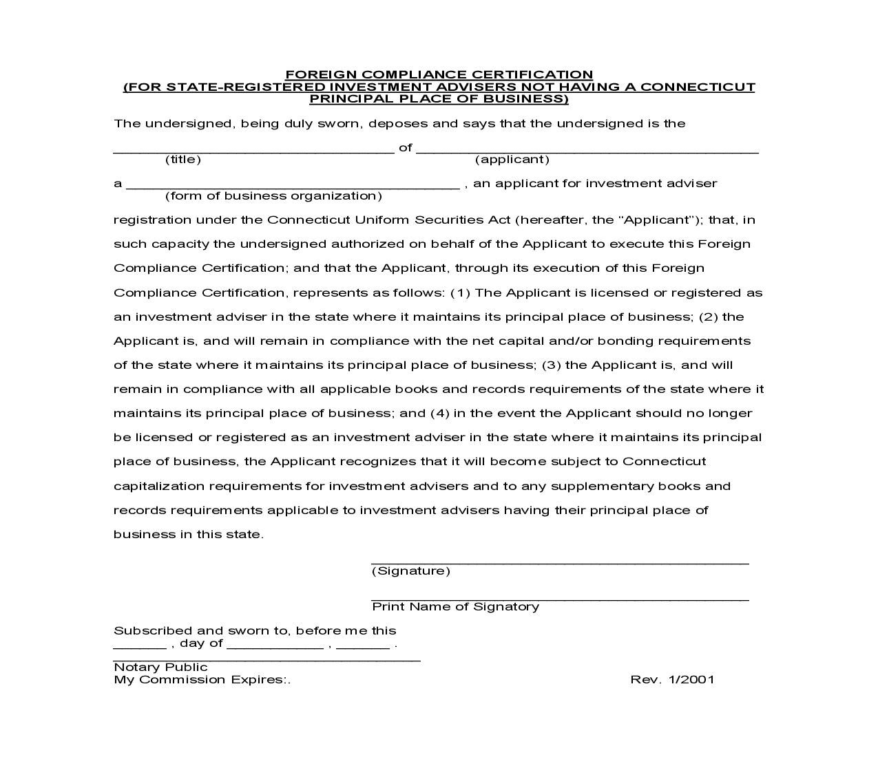 Foreign Compliance Certification (For State Registered Investment Advisers Not Having CT Principal Place Of Business) |  | Connecticut