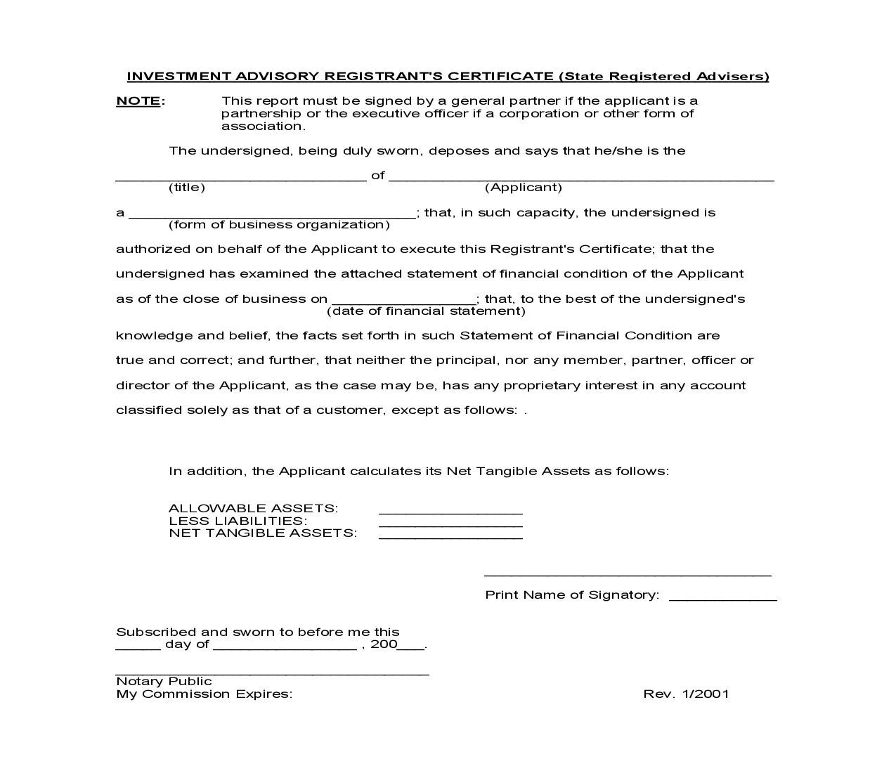 Investment Advisory Registrants Certificate (State Registered Advisers) | Pdf Fpdf Doc Docx | Connecticut