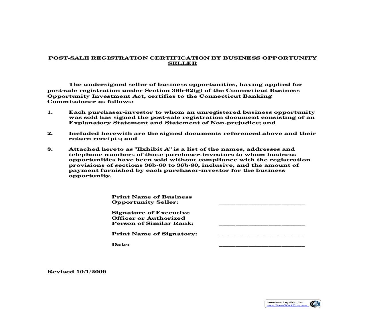 Post Sale Registration Certification By Business Opportunity Seller | Pdf Fpdf Doc Docx | Connecticut