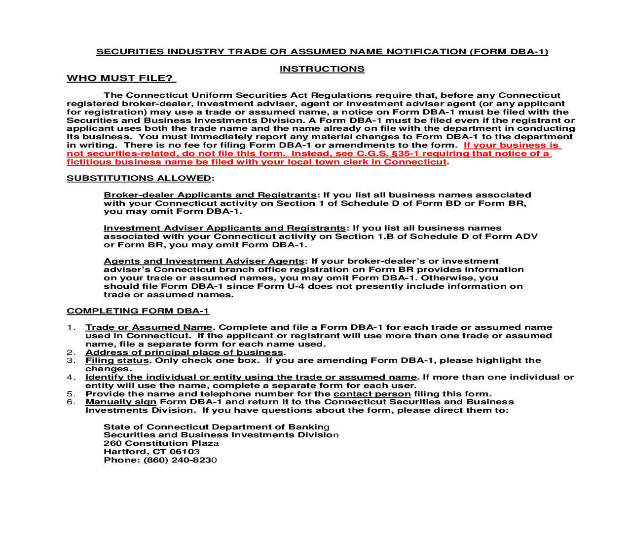 Trade Or Assumed Name Notification {DBA-1} |  | Connecticut