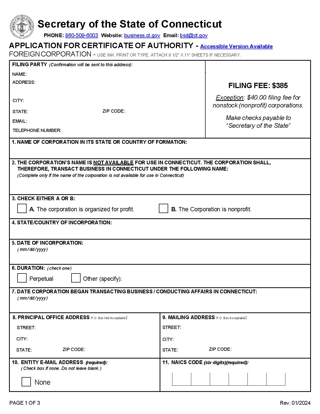 Application For Certificate Of Authority (Foreign Corp) | Pdf Fpdf Doc Docx | Connecticut