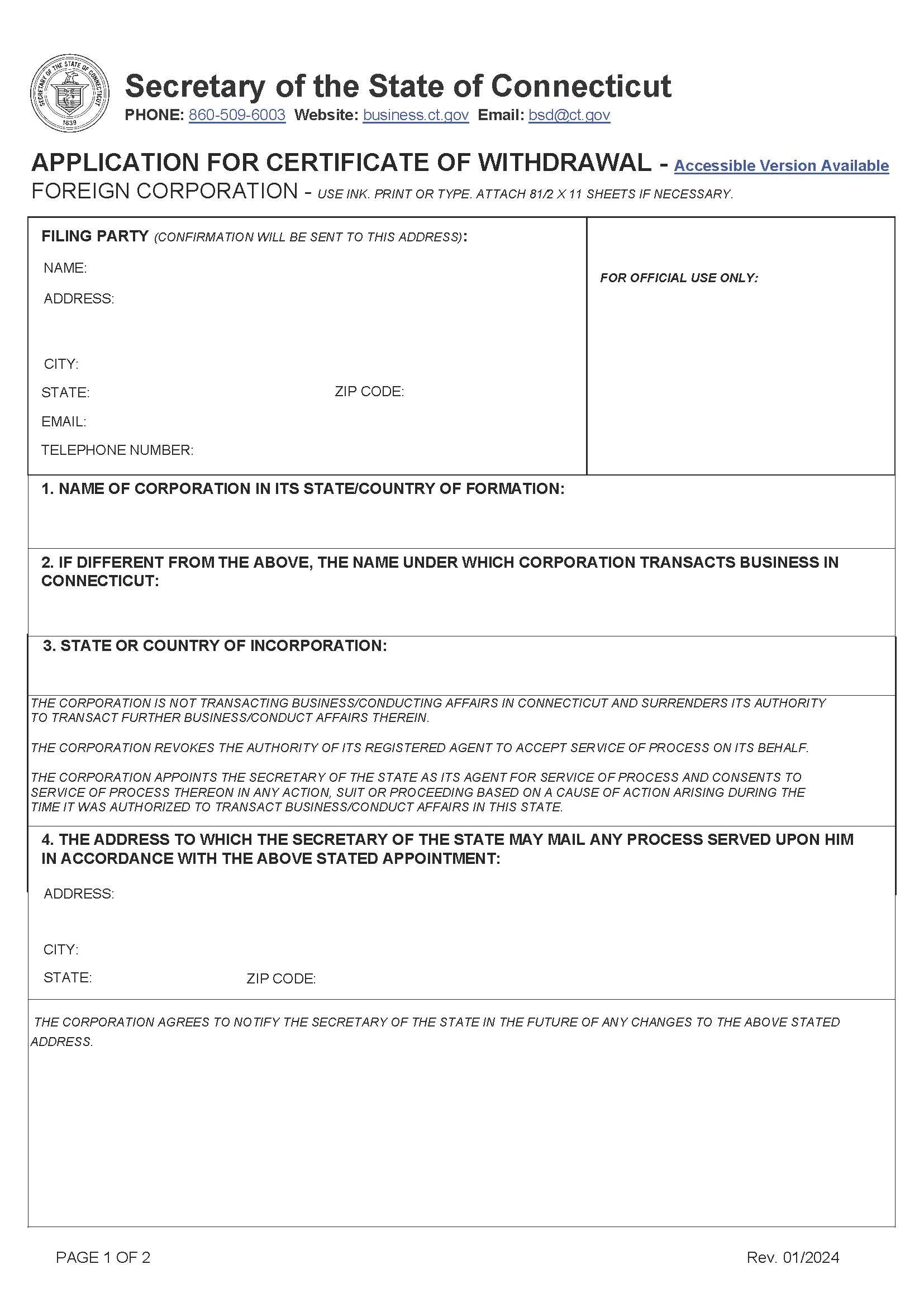 Application For Certificate Of Withdrawal (Foreign Corp) | Pdf Fpdf Doc Docx | Connecticut