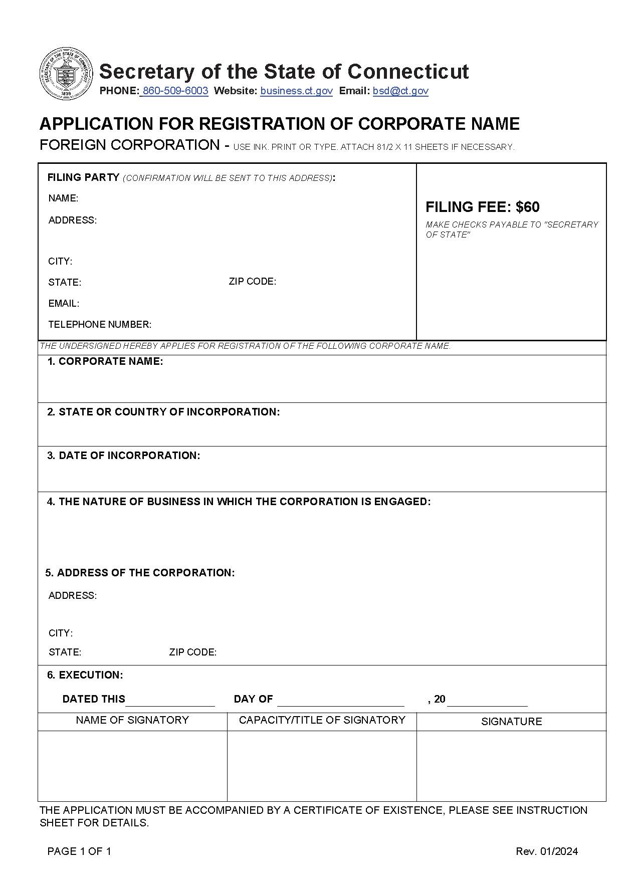 Application For Registration Of Corporate Name (Foreign Corp) | Pdf Fpdf Doc Docx | Connecticut