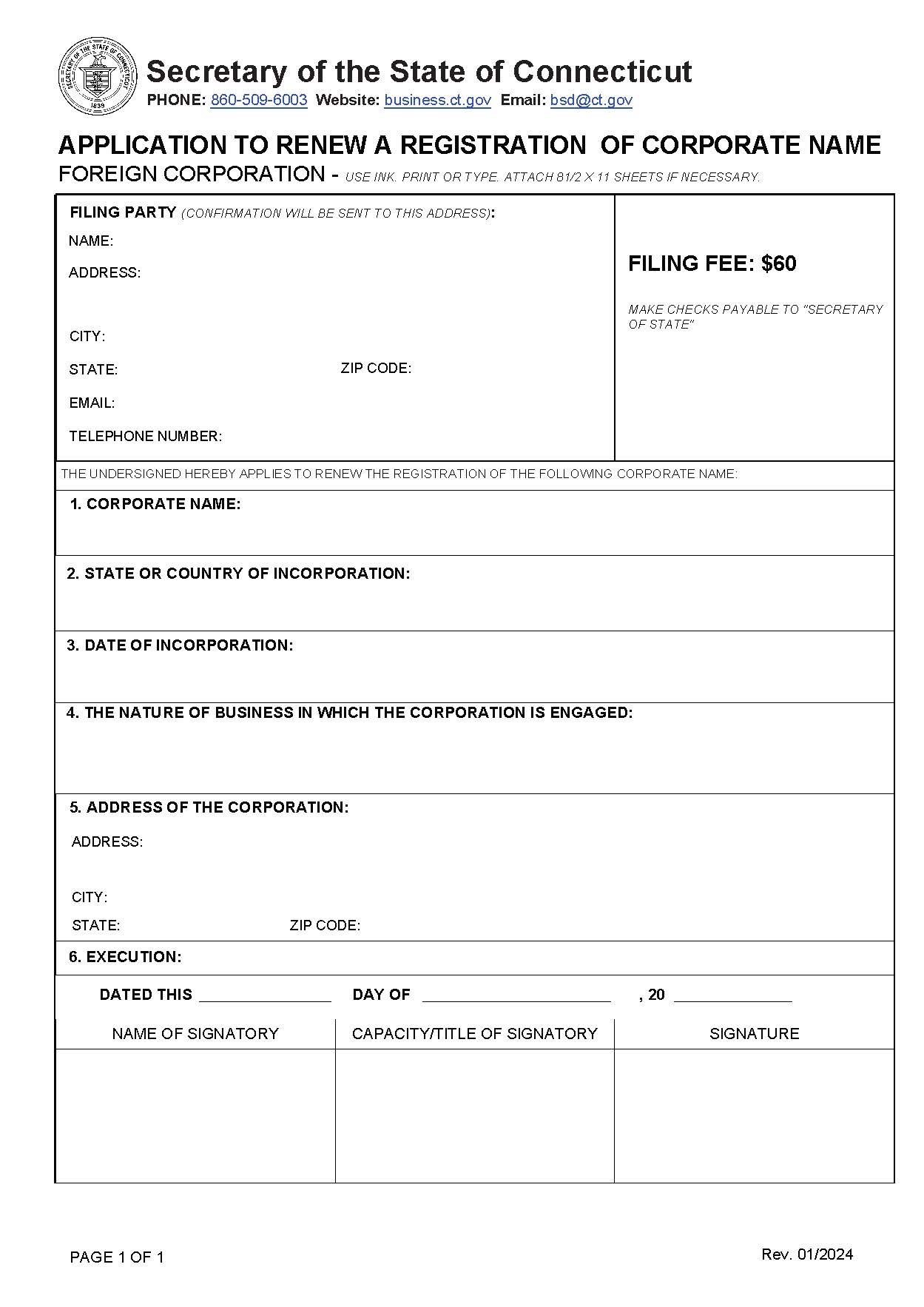 Application To Renew Registration Of Corporate Name (Foreign Corp) | Pdf Fpdf Doc Docx | Connecticut