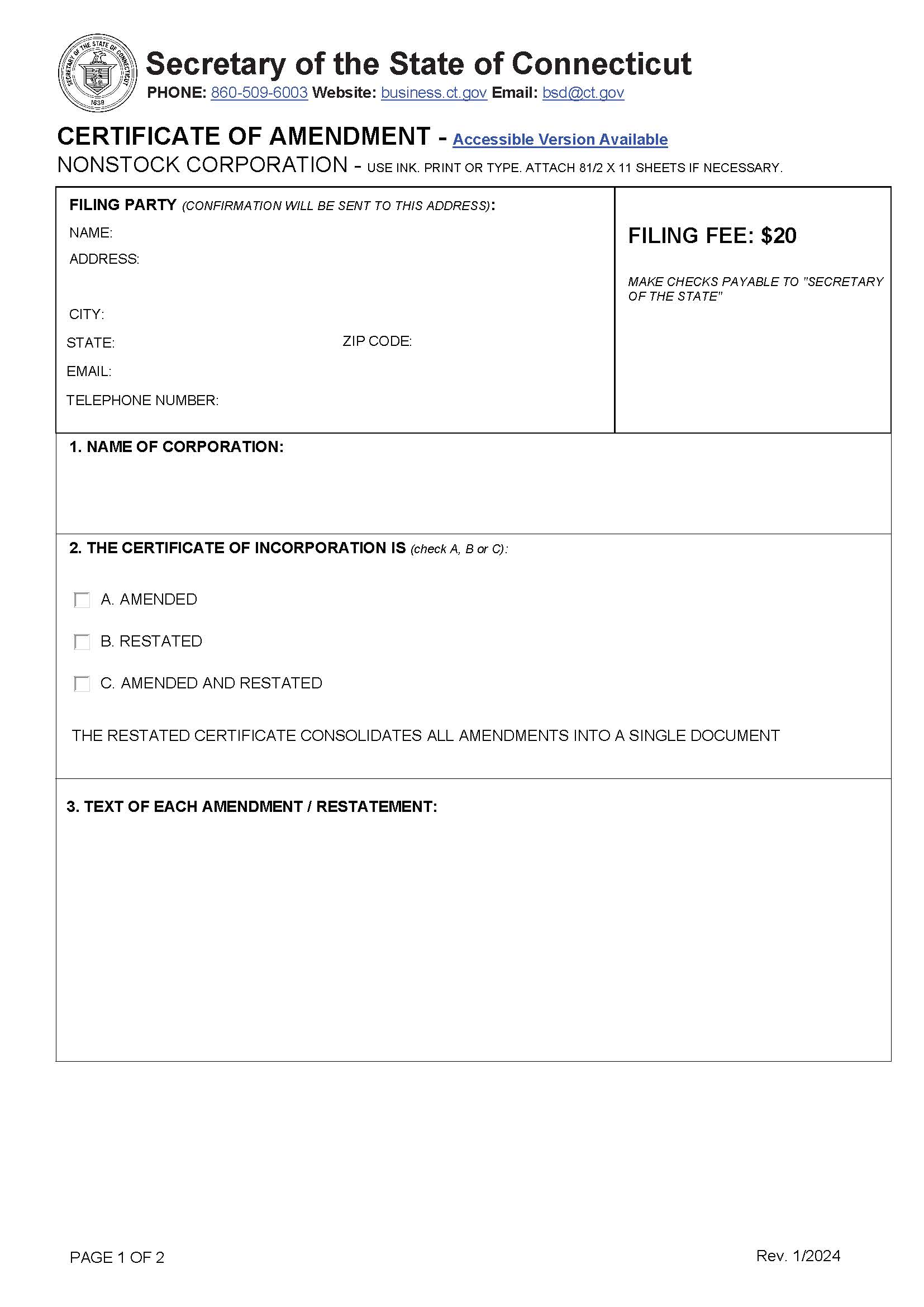 Certificate Of Amendment (Nonstock Corp) | Pdf Fpdf Doc Docx | Connecticut