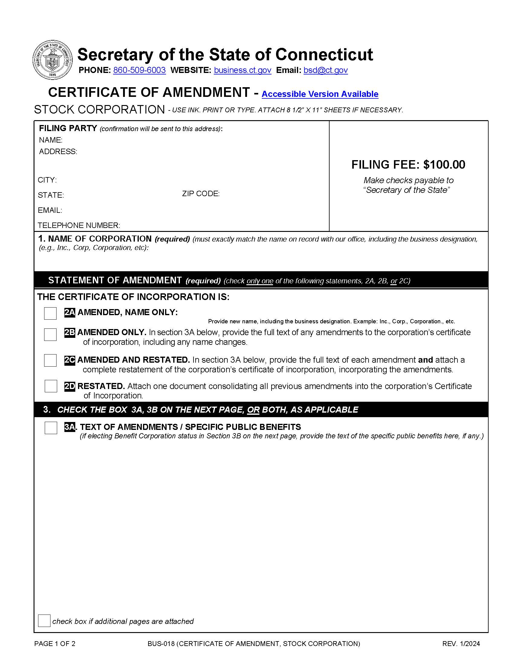 Certificate Of Amendment (Stock Corp) | Pdf Fpdf Doc Docx | Connecticut