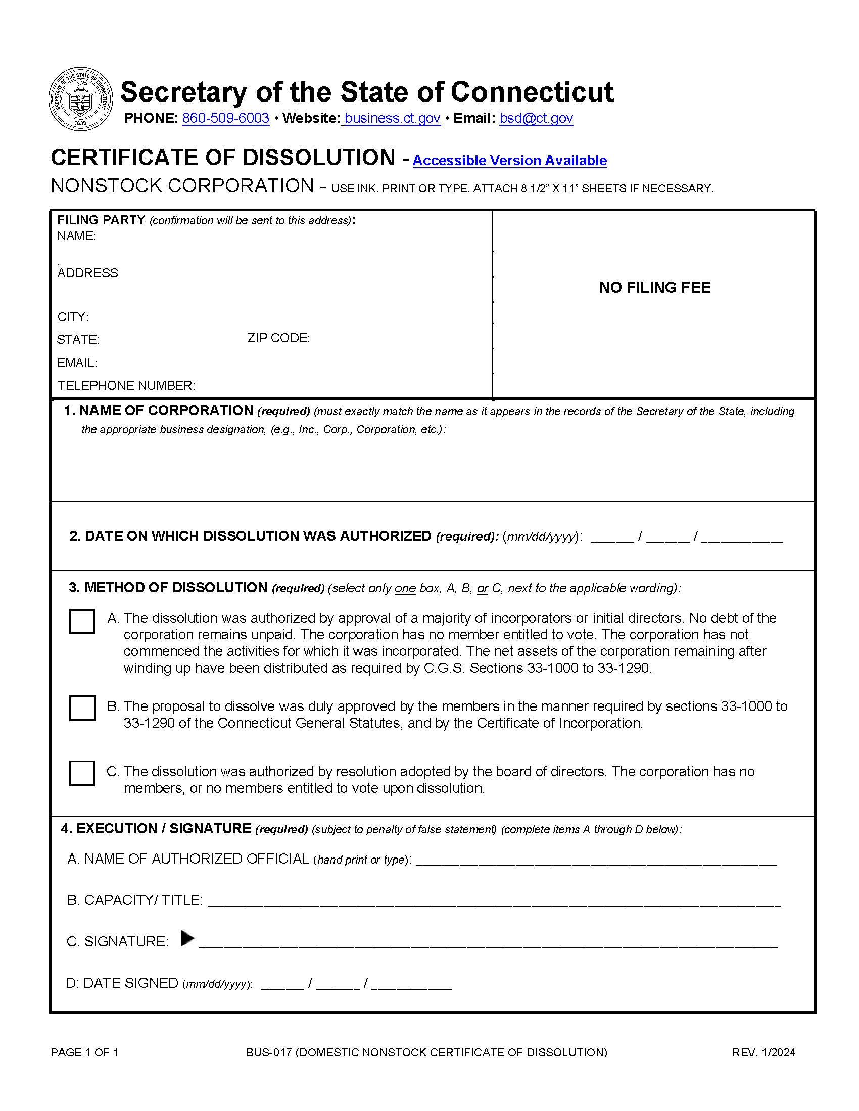 Certificate Of Dissolution (Nonstock Corp) | Pdf Fpdf Doc Docx | Connecticut