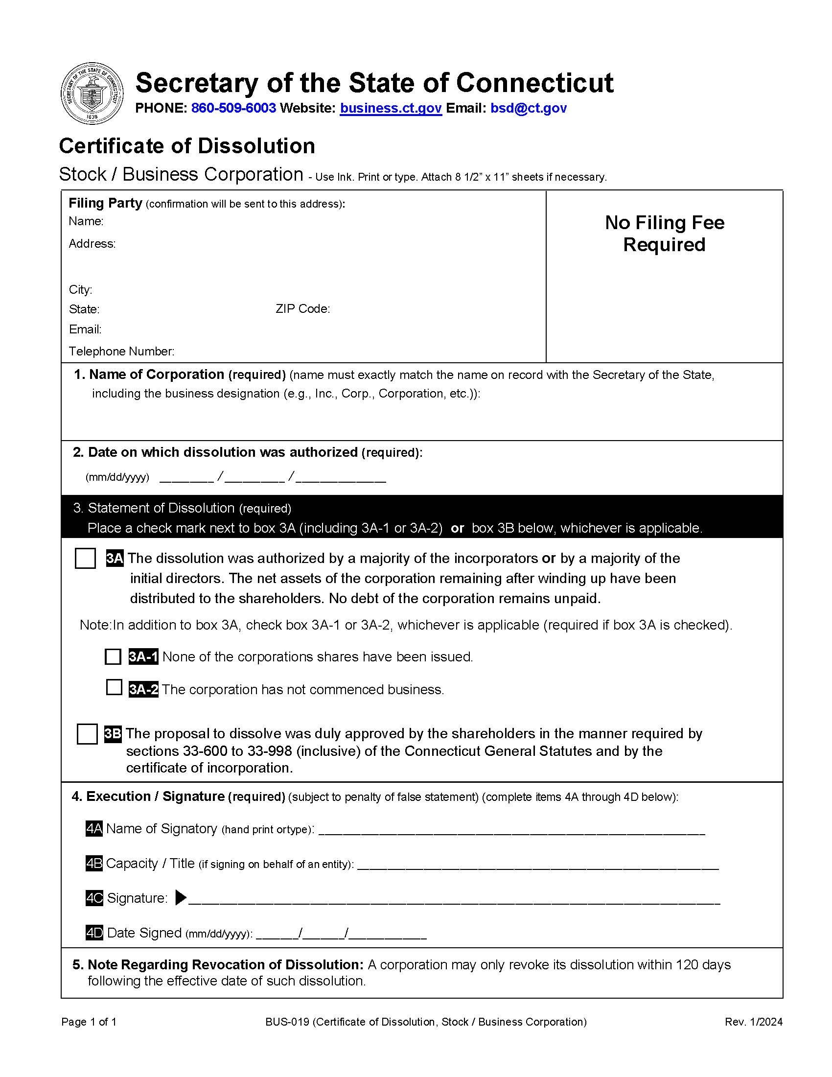 Certificate Of Dissolution (Stock Corp) | Pdf Fpdf Doc Docx | Connecticut