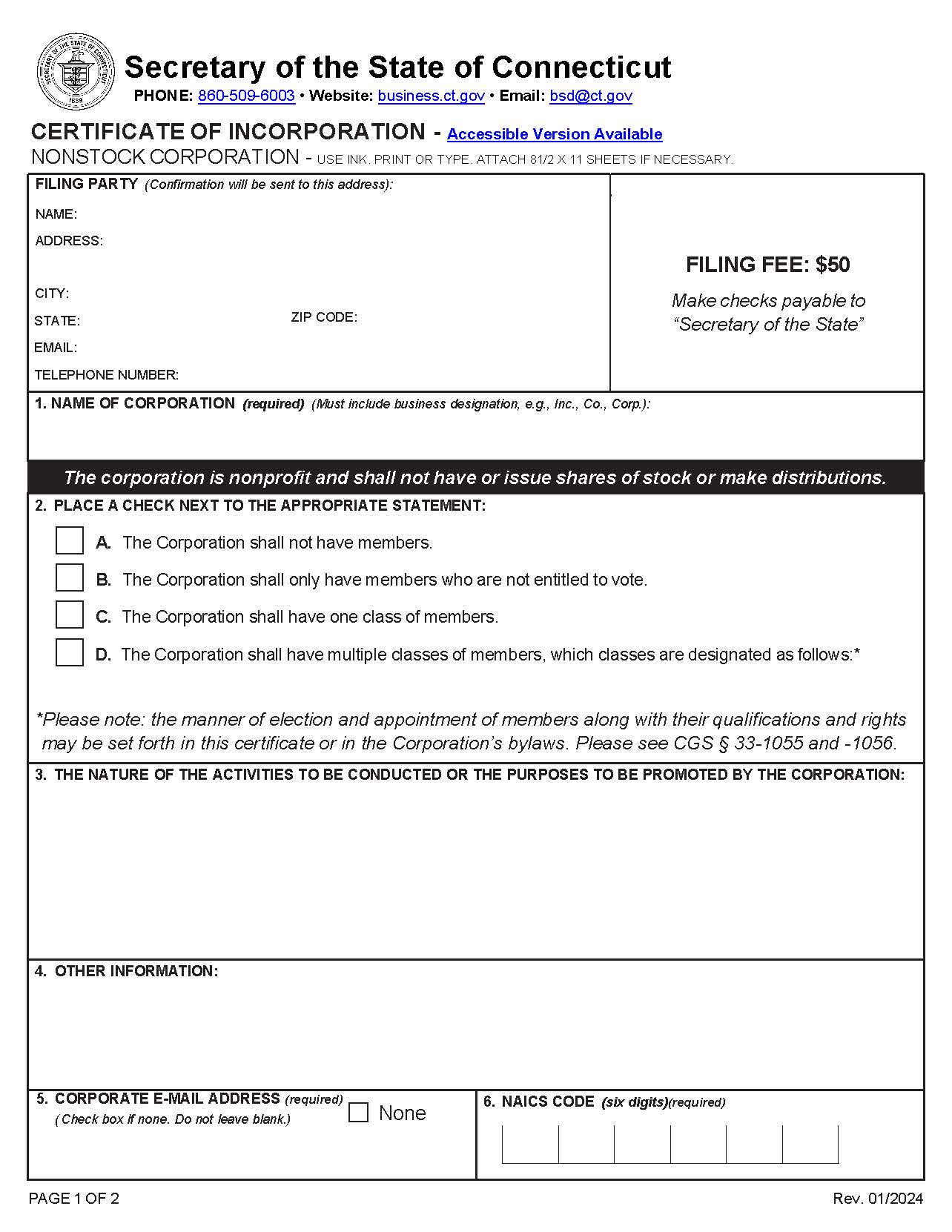 Certificate Of Incorporation (Nonstock Corp) | Pdf Fpdf Doc Docx | Connecticut
