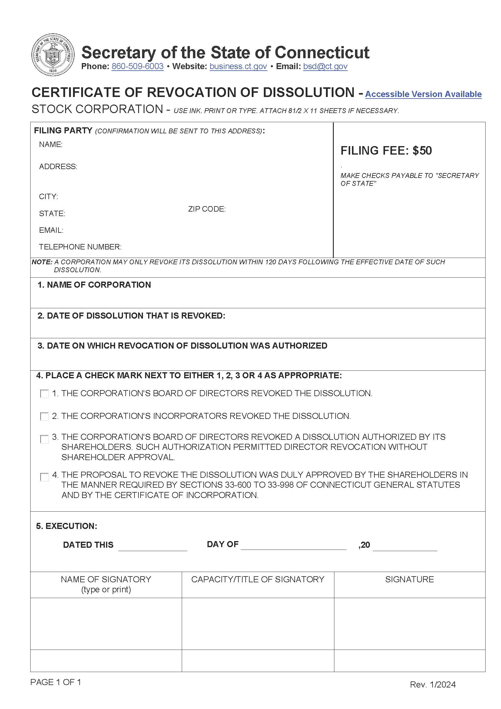 Certificate Of Revocation Of Dissolution (Stock Corp) | Pdf Fpdf Doc Docx | Connecticut