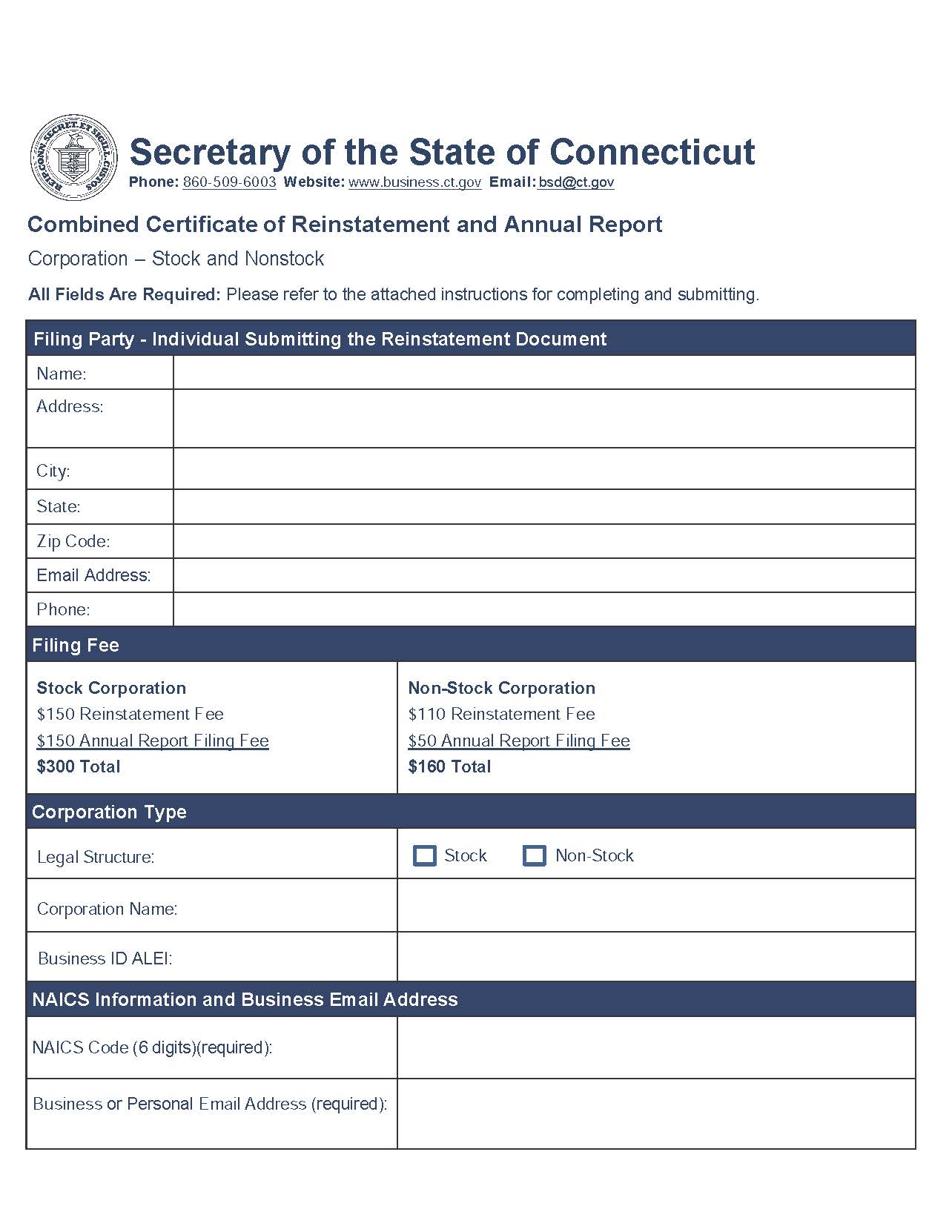 Combined Certificate Of Reinstatement And Annual Report (Stock And Nonstock Corp) | Pdf Fpdf Docx | Connecticut