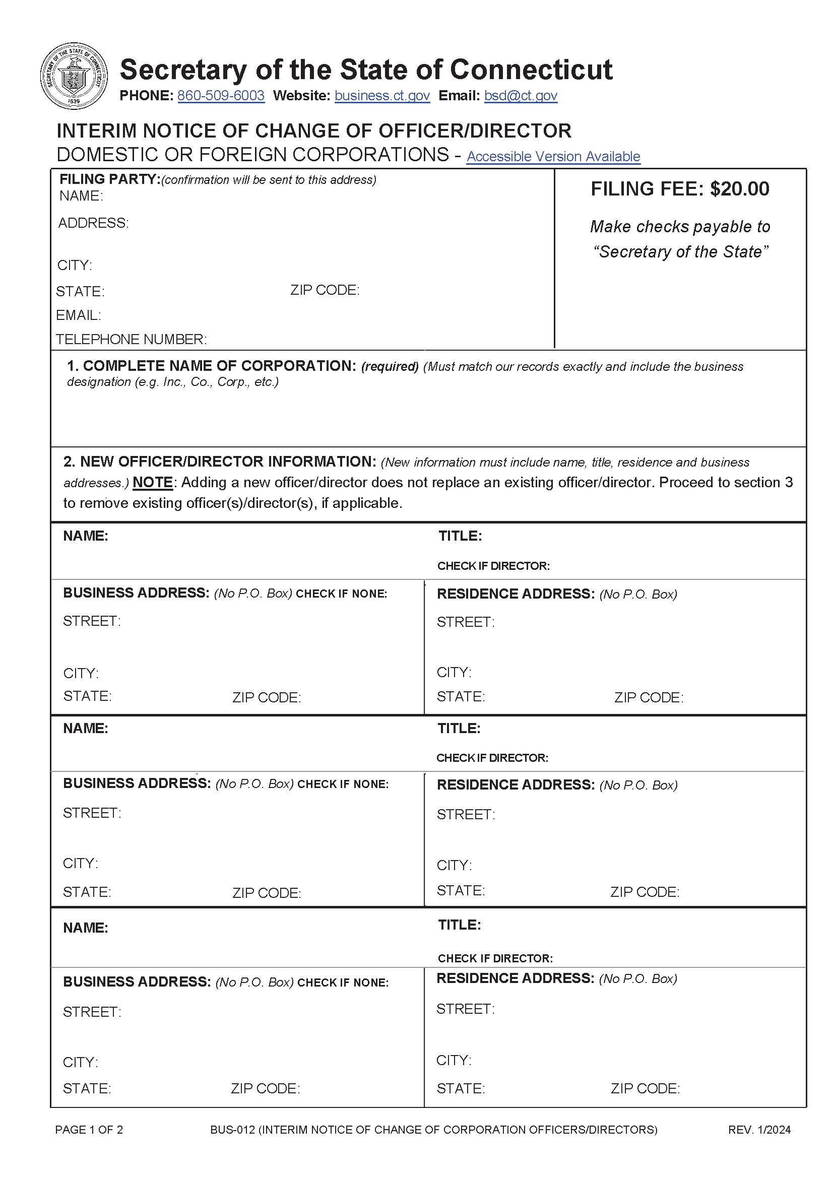Interim Notice Of Change Of Officer Or Director (Domestic And Foreign Corps) | Pdf Fpdf Doc Docx | Connecticut