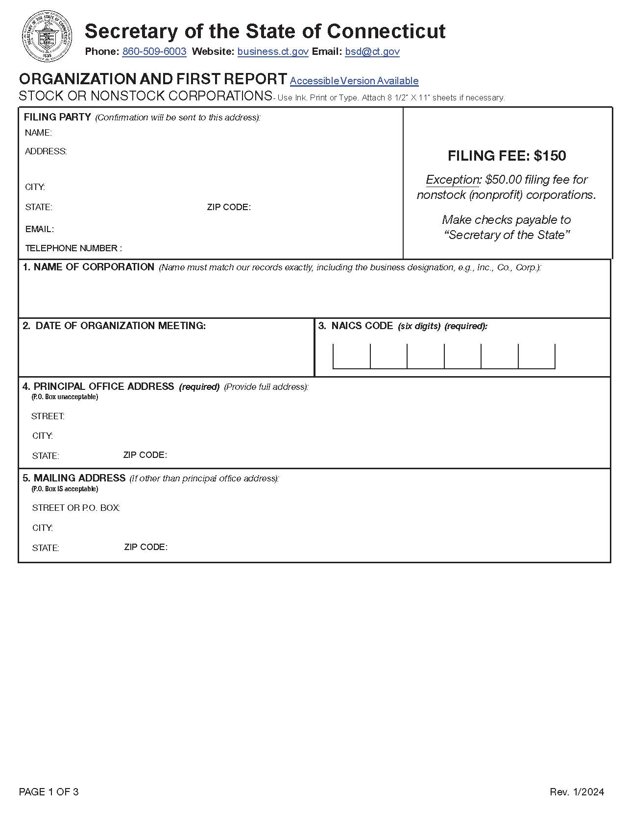 Organization And First Report (Stock Or Nonstock Corp) | Pdf Fpdf Doc Docx | Connecticut