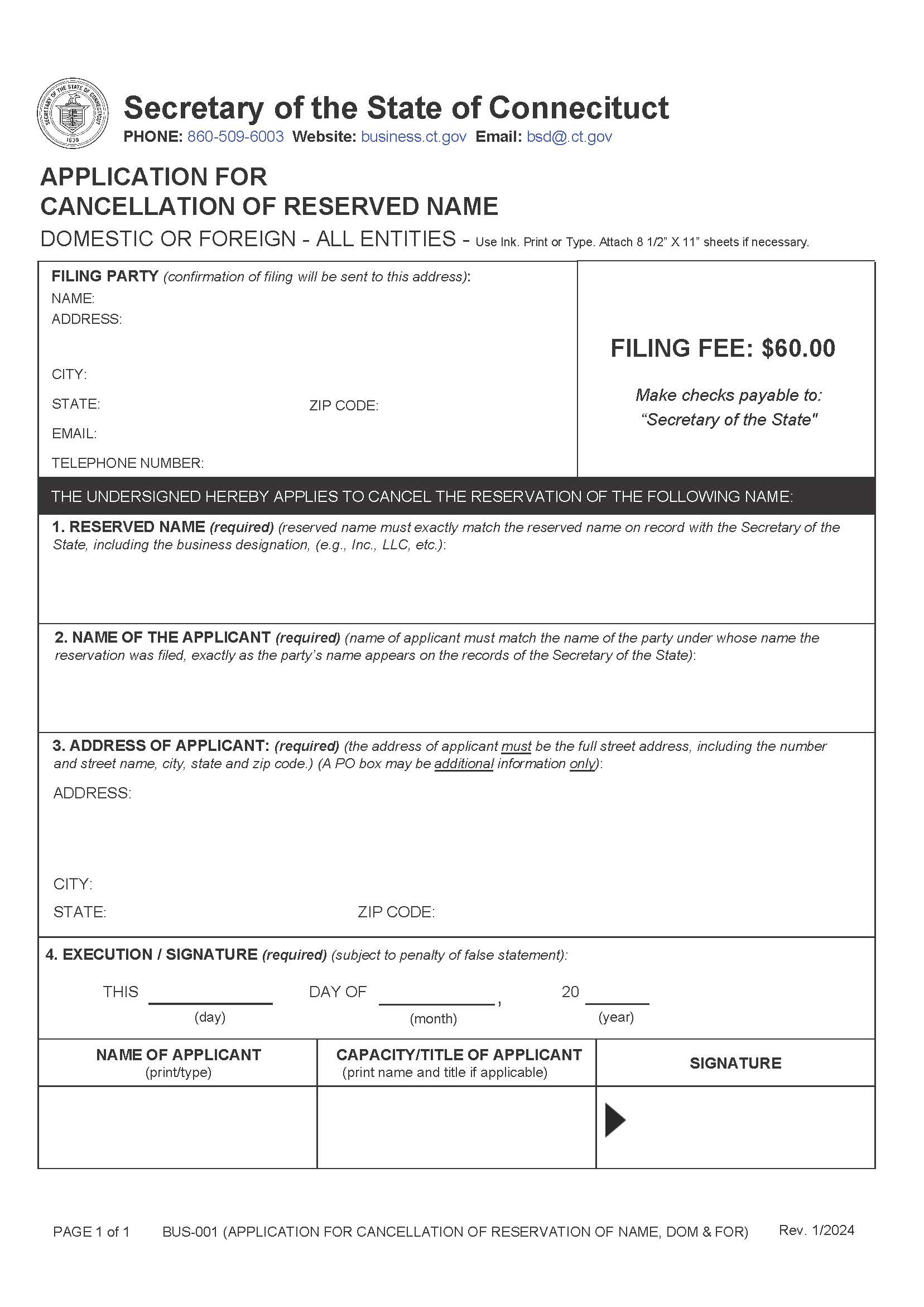 Application For Cancellation Of Reserved Name | Pdf Fpdf Doc Docx | Connecticut