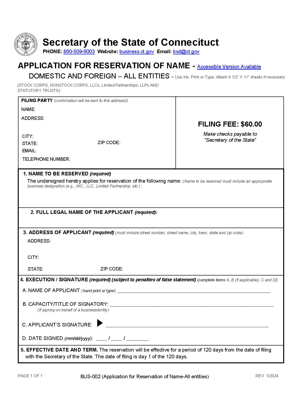 Application For Reservation Of Name | Pdf Fpdf Doc Docx | Connecticut