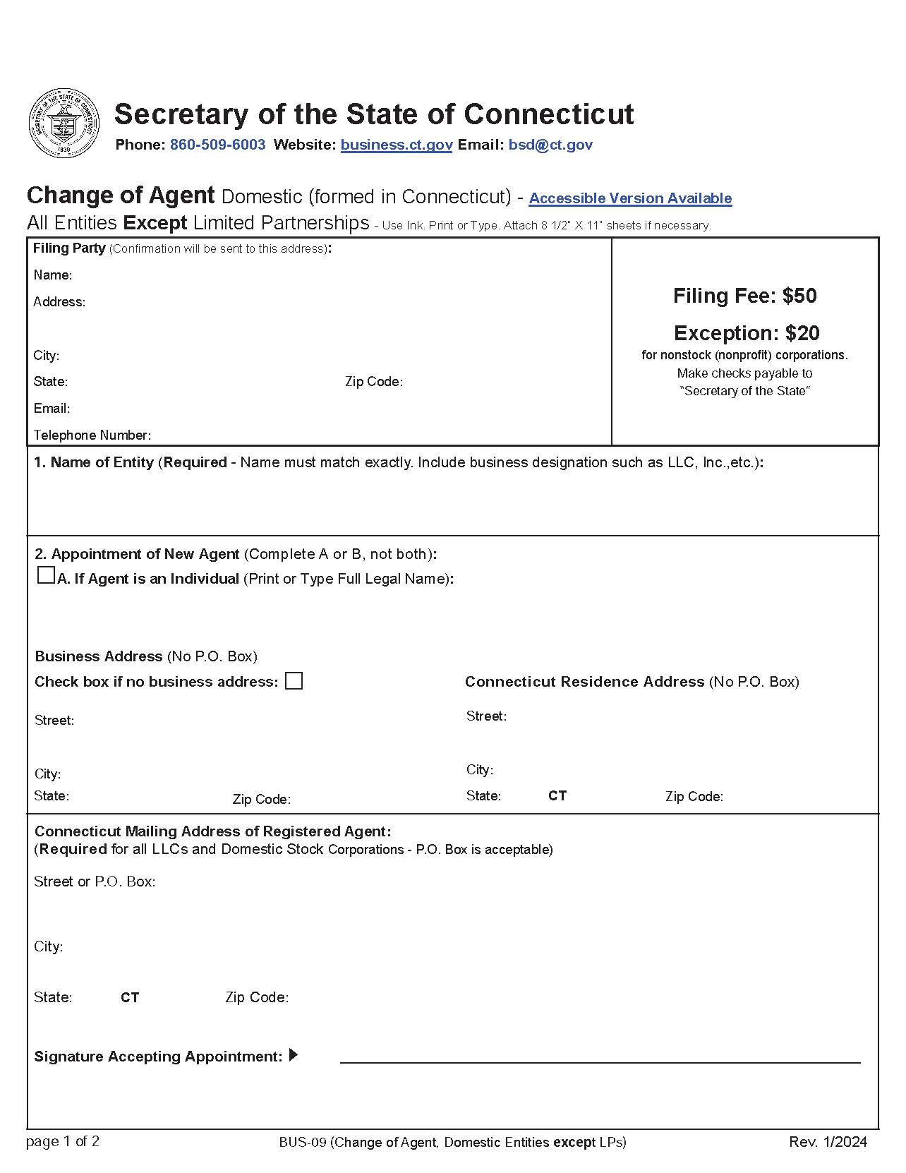 Change Of Agent (Domestic All Entities Except LP) | Pdf Fpdf Doc Docx | Connecticut