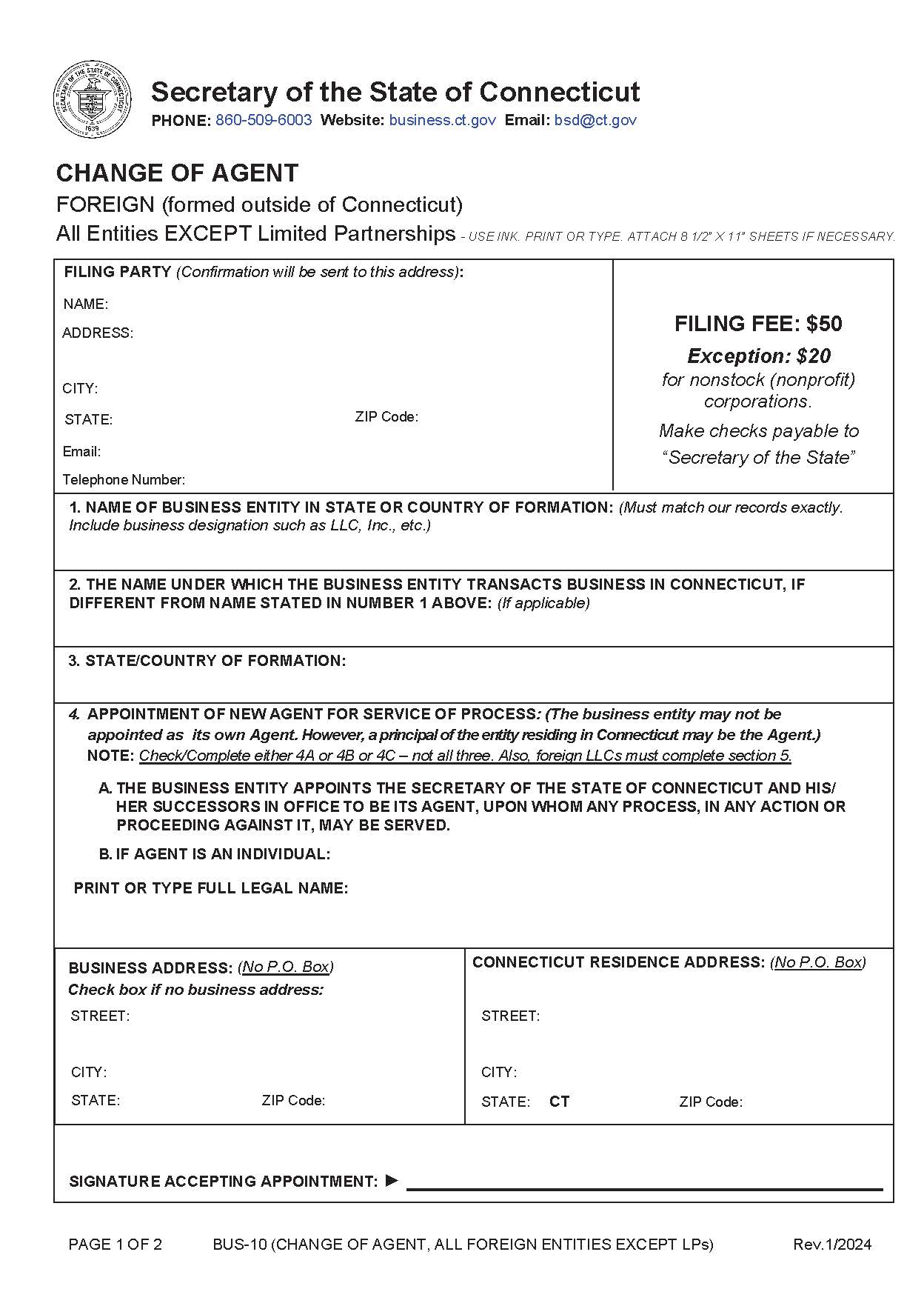Change Of Agent (Foreign All Entities  Except LP) | Pdf Fpdf Doc Docx | Connecticut