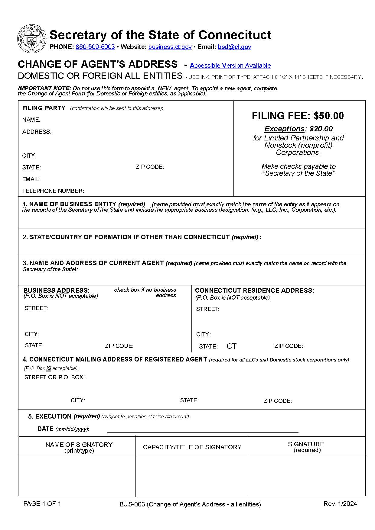 Change Of Agents Address (Domestic Or Foreign All Entities) | Pdf Fpdf Docx | Connecticut