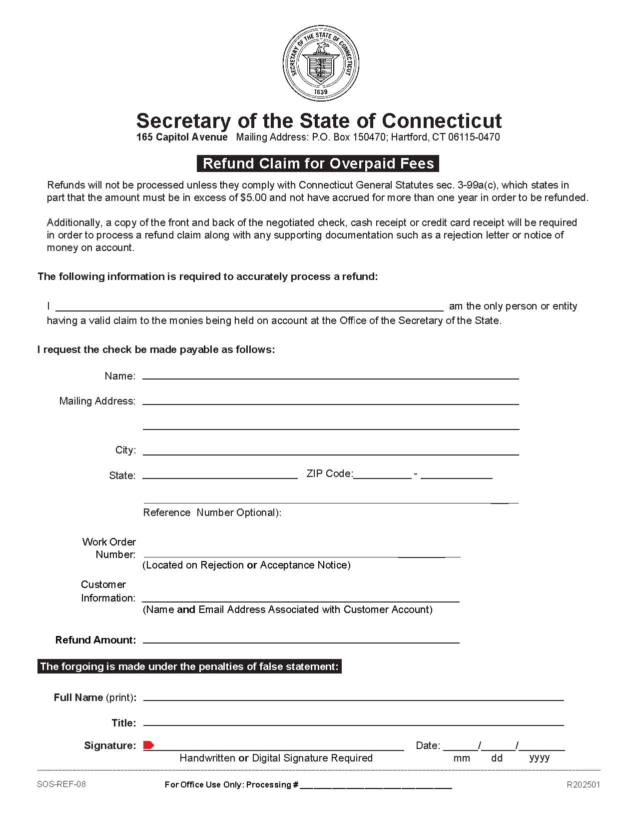 Refund Claim For Overpaid Fees | Pdf Fpdf Docx | Connecticut