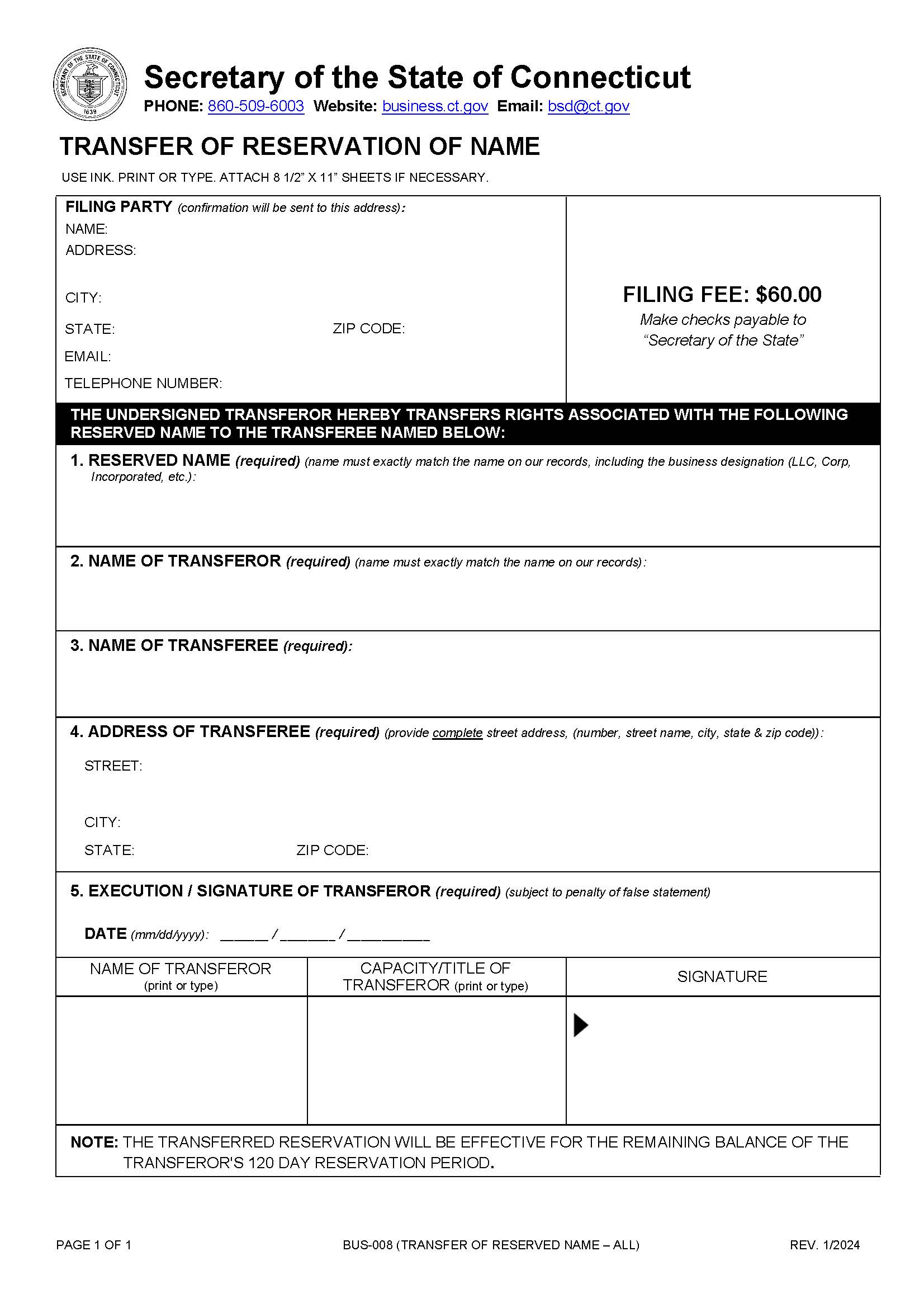 Transfer Of Reservation Of Name | Pdf Fpdf Doc Docx | Connecticut