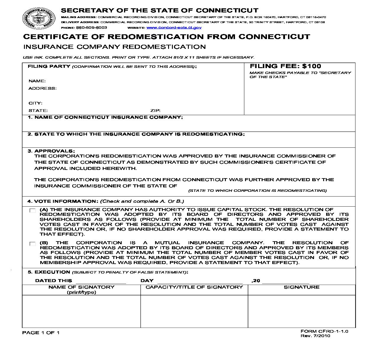 Certificate Of Redomestication (From Connecticut) | Pdf Fpdf Doc Docx | Connecticut