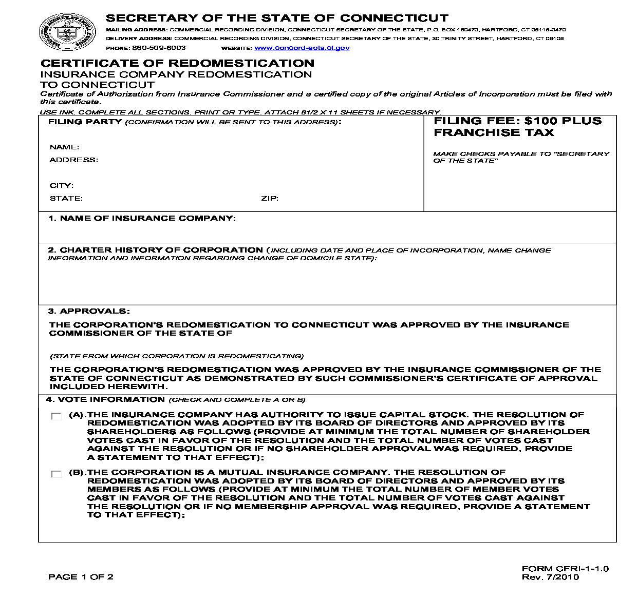 Certificate Of Redomestication (To Connecticut) | Pdf Fpdf Doc Docx | Connecticut