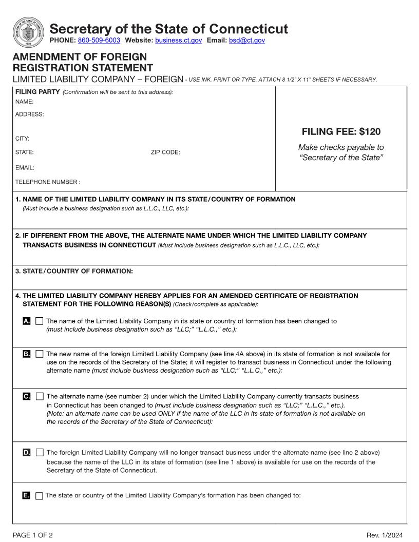 Amendment Of Foreign Registration Statement (Foreign LLC) | Pdf Fpdf Docx | Connecticut