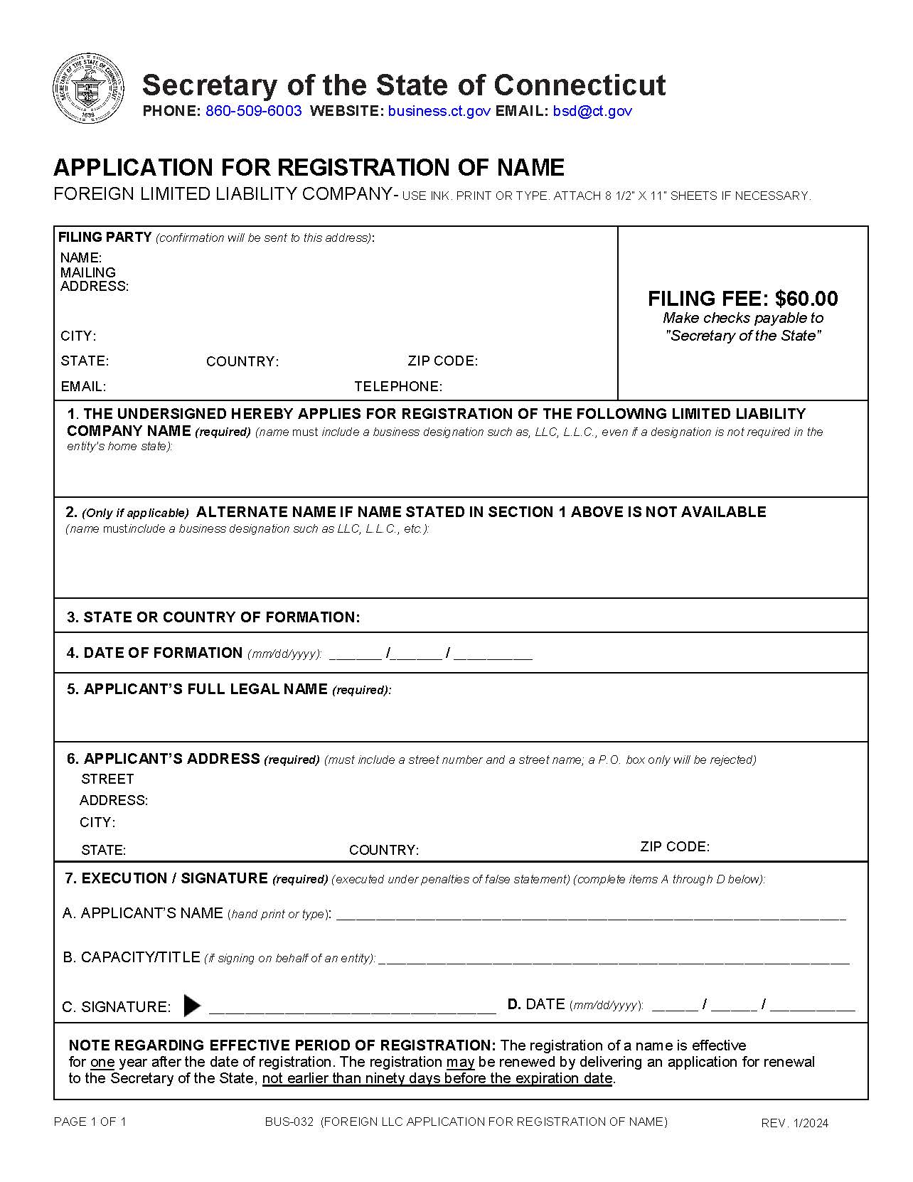 Application For Registration Of Name (Foreign LLC) | Pdf Fpdf Docx | Connecticut