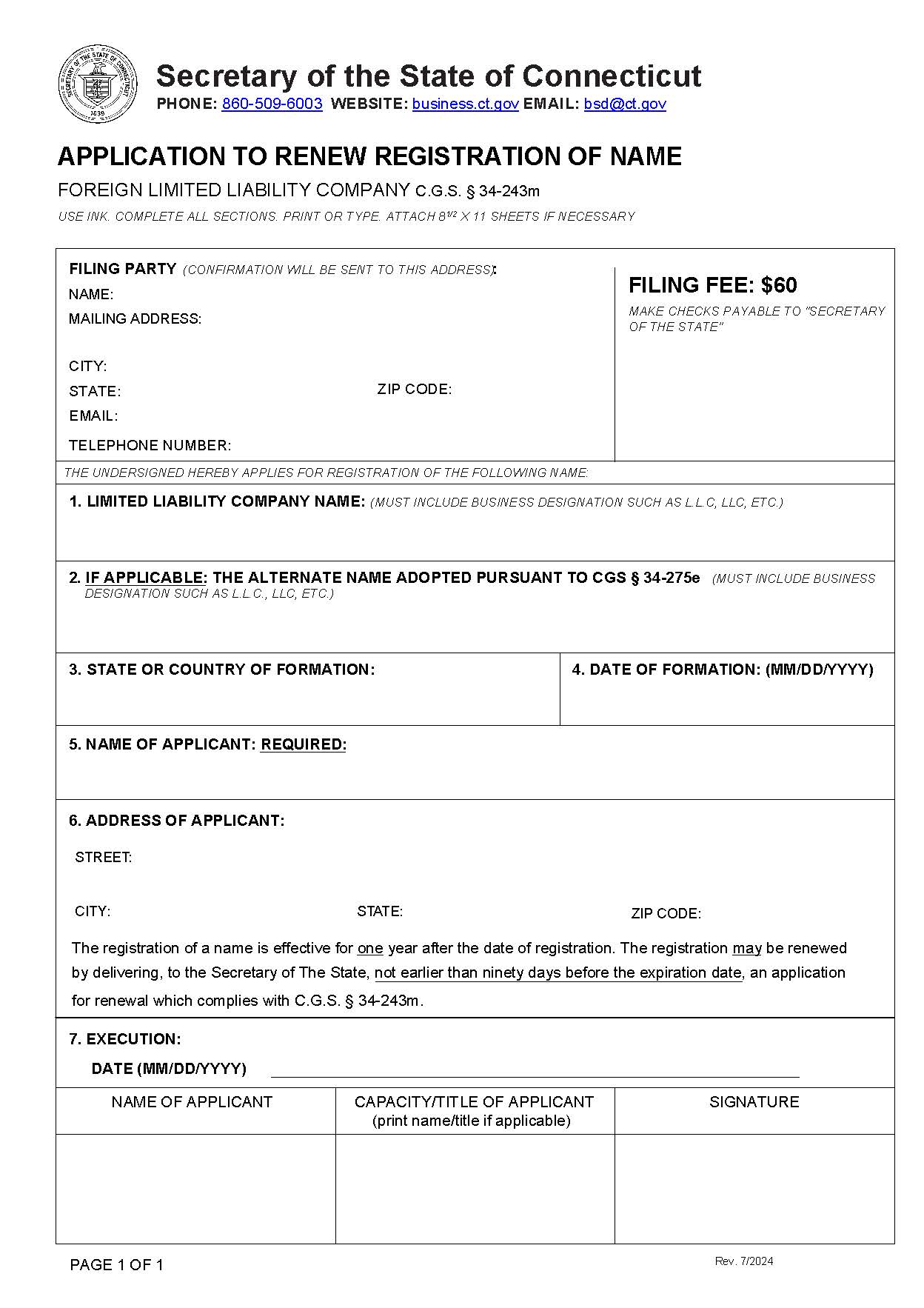 Application To Renew Registration Of Name (Foreign LLC) | Pdf Fpdf Docx | Connecticut