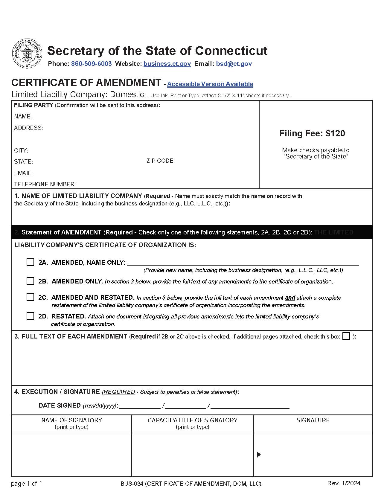 Certificate Of Amendment (Domestic LLC) | Pdf Fpdf Docx | Connecticut