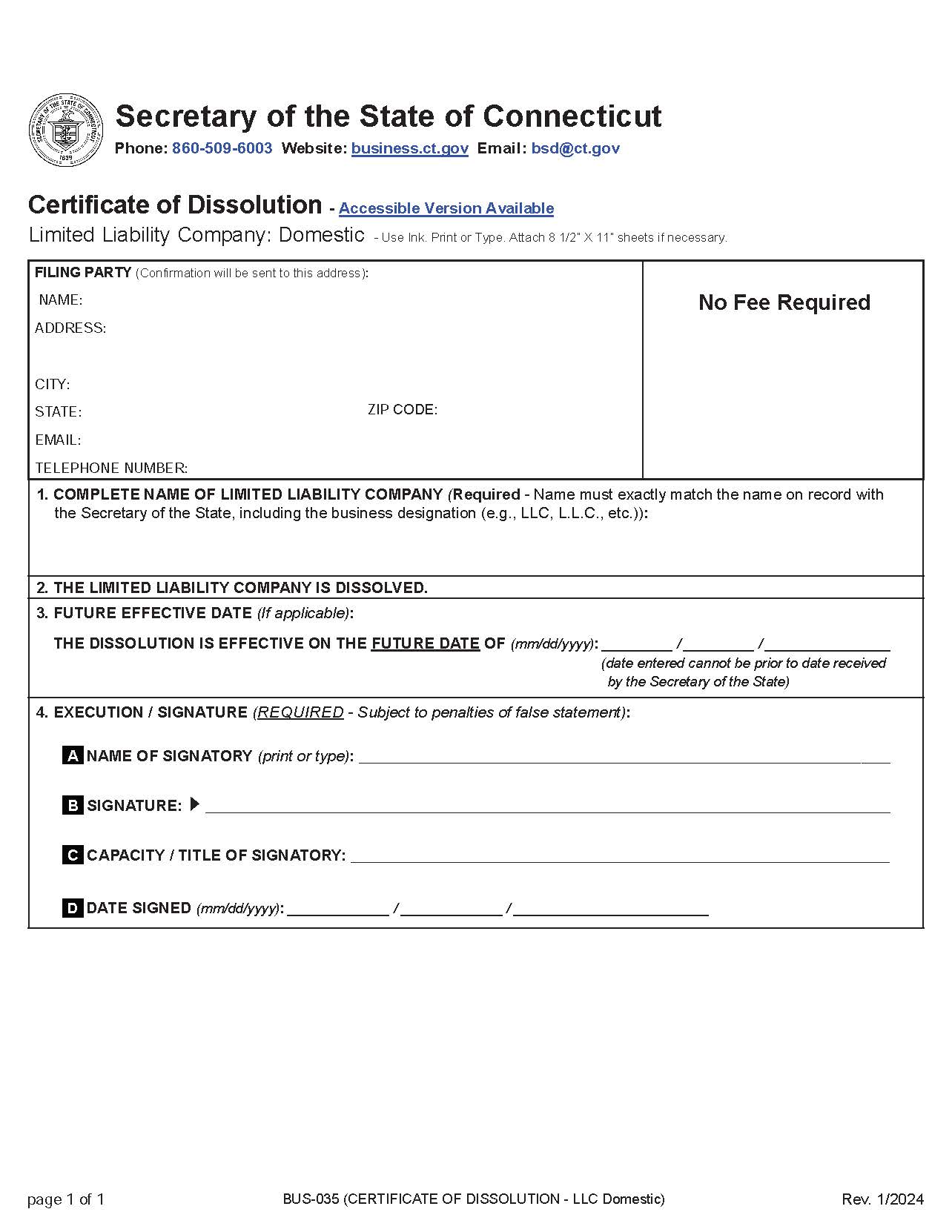 Certificate Of Dissolution (Domestic LLC) | Pdf Fpdf Docx | Connecticut