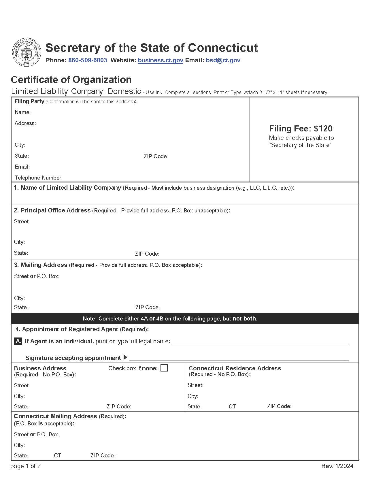 Certificate Of Organization (Domestic LLC) | Pdf Fpdf Docx | Connecticut