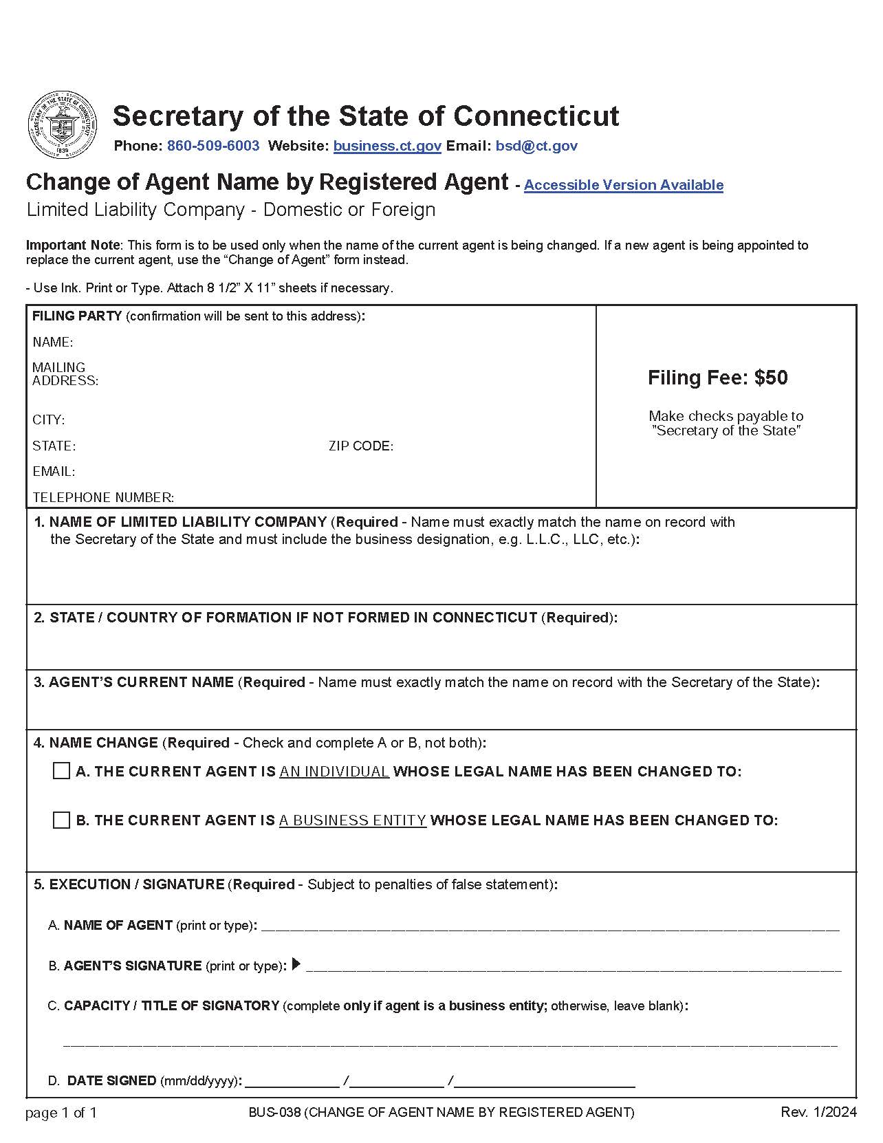 Change Of Agents Name By Registered Agent (LLC) | Pdf Fpdf Docx | Connecticut