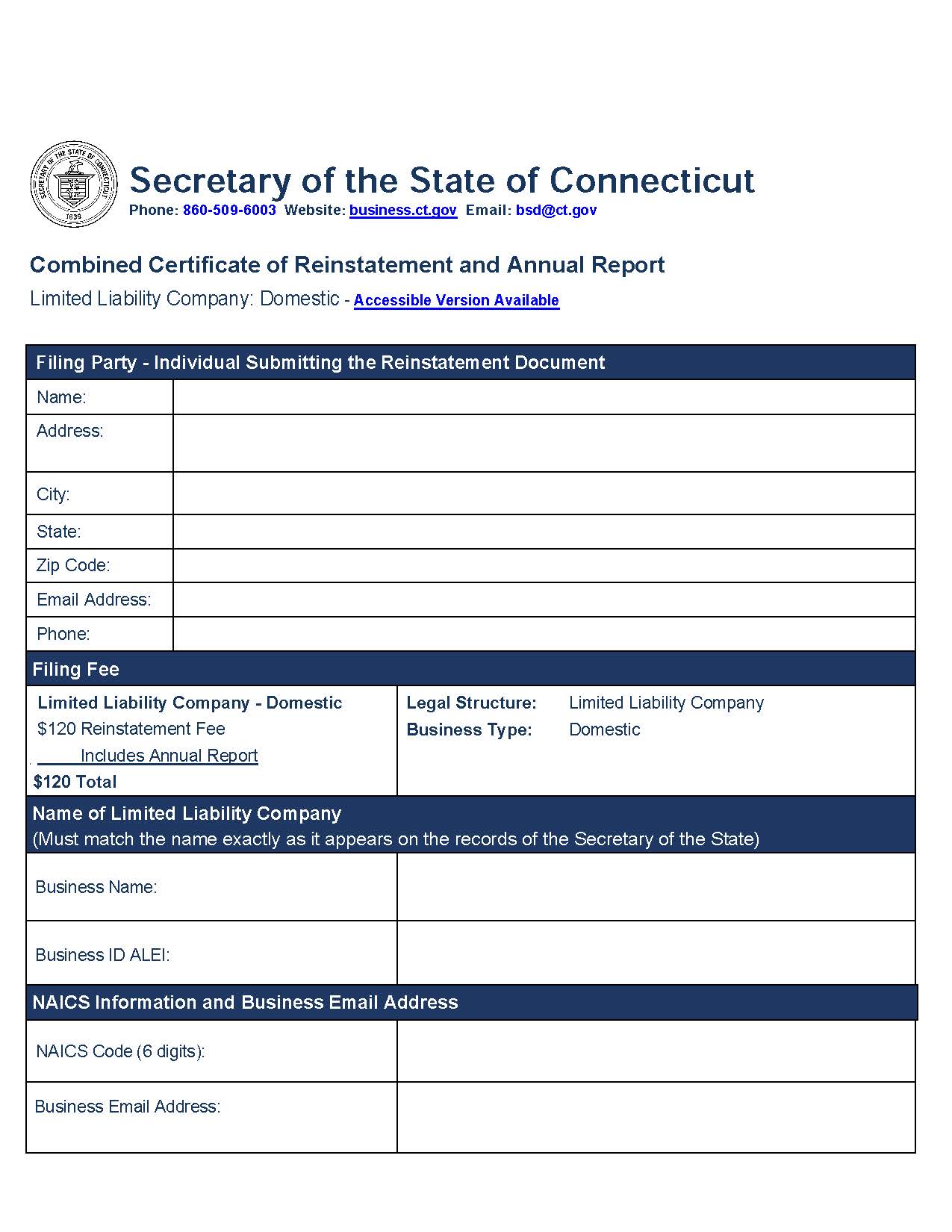 Combined Certificate Of Reinstatemet And Annual Report (Domestic LLC) | Pdf Fpdf Docx | Connecticut