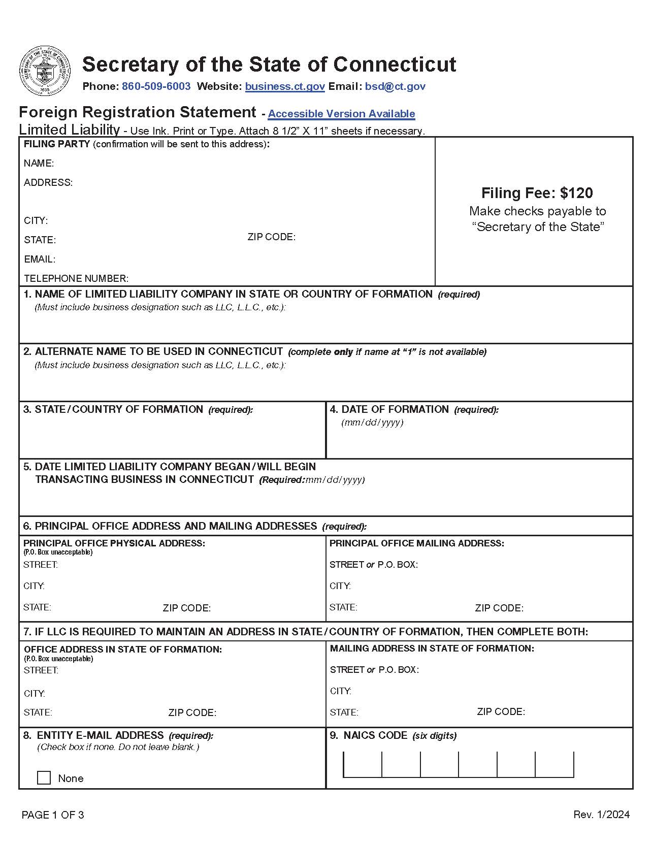 Foreign Registration Statement (Foreign LLC) | Pdf Fpdf Docx | Connecticut