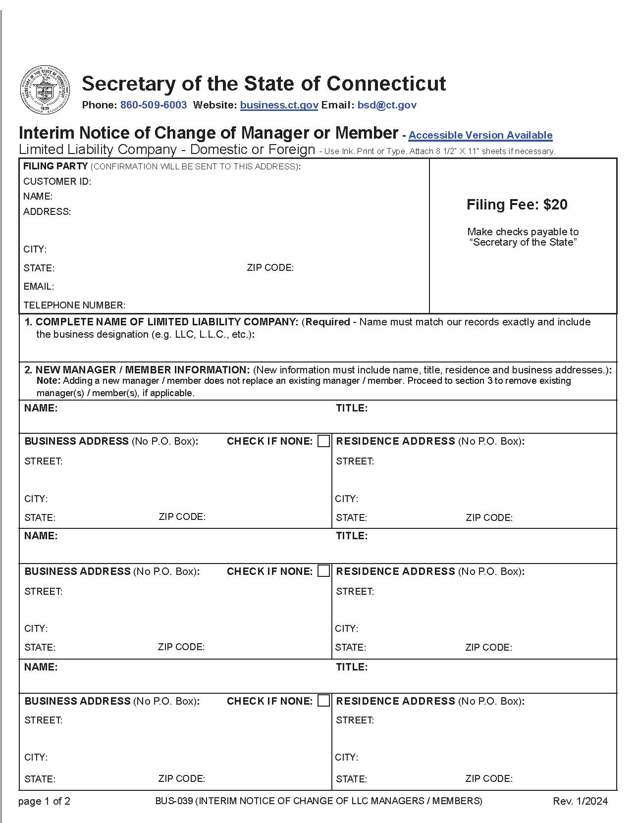 Interim Notice Of Change Of Member Or Manager (Domestic And Foreign LLCs) | Pdf Fpdf Doc Docx | Connecticut