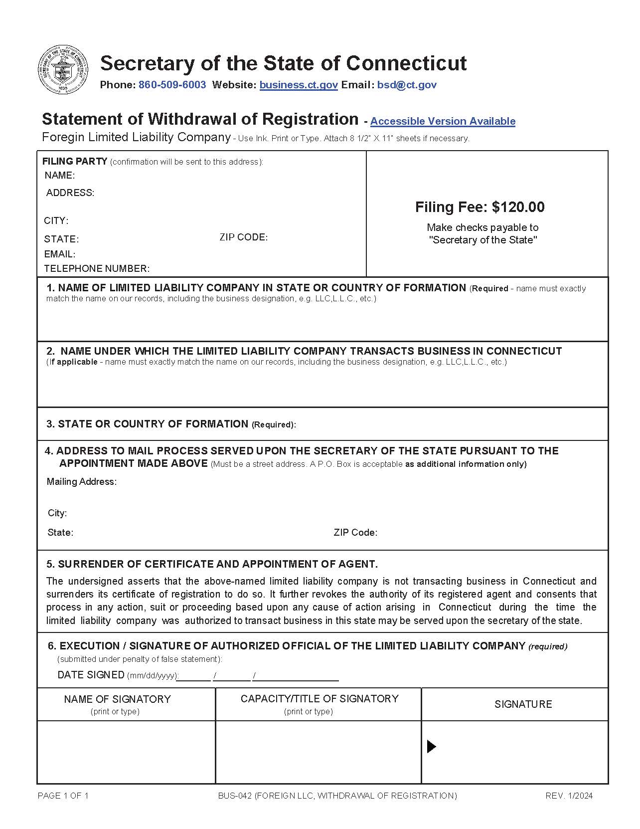 Statement Of Withdrawal Of Registration (Foreign LLC) | Pdf Fpdf Docx | Connecticut