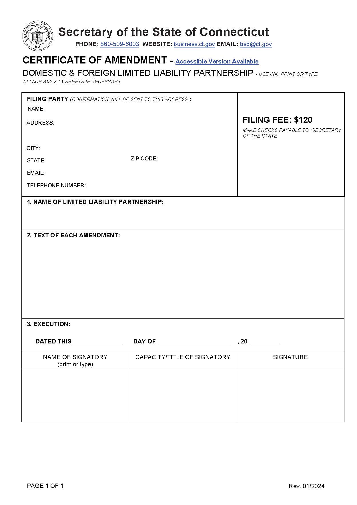 Certificate Of Amendment (Domestic And Foreign LLP) | Pdf Fpdf Doc Docx | Connecticut