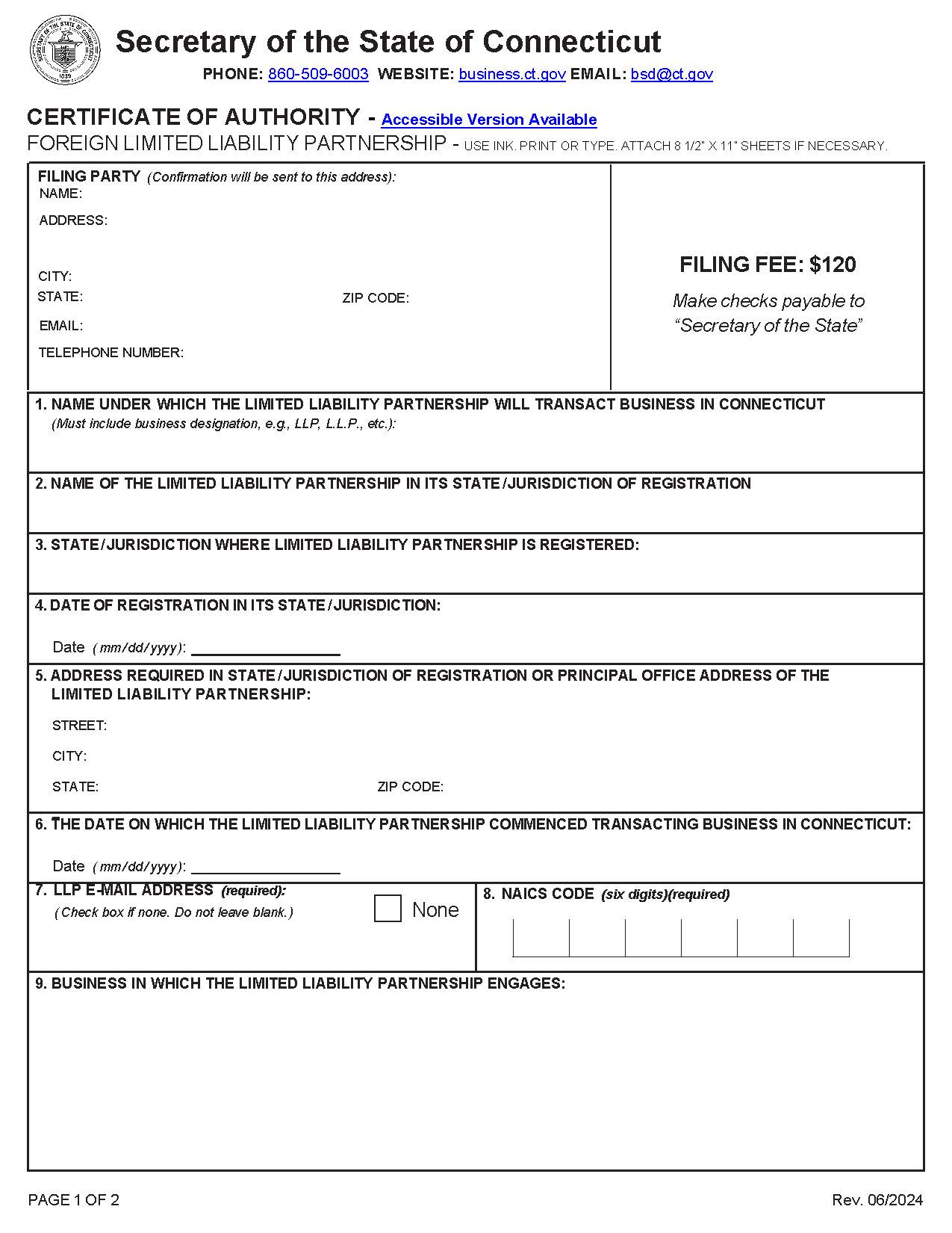 Certificate Of Authority (Foreign LLP) | Pdf Fpdf Doc Docx | Connecticut