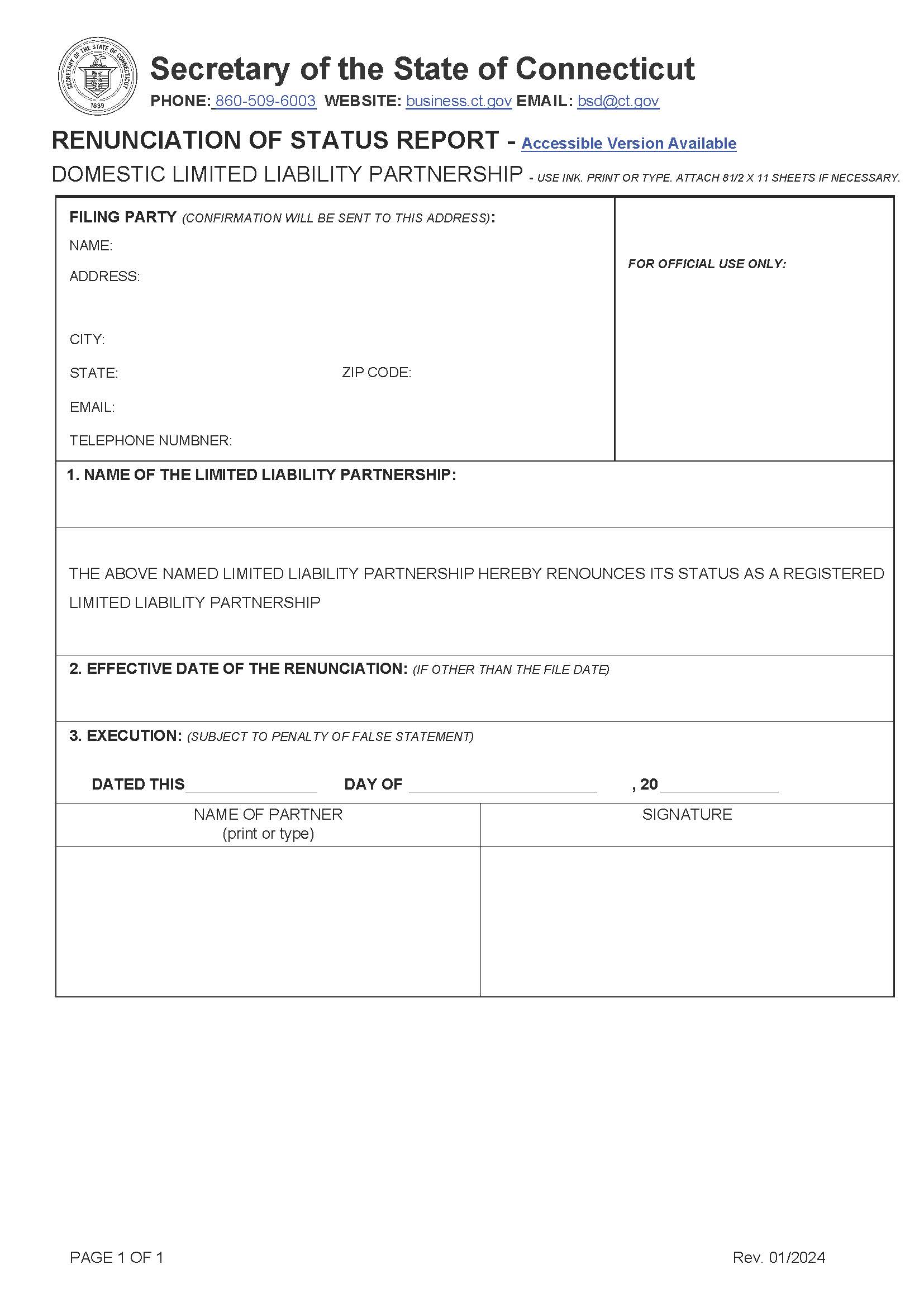 Renunciation Of Status Report (Domestic LLP) | Pdf Fpdf Doc Docx | Connecticut