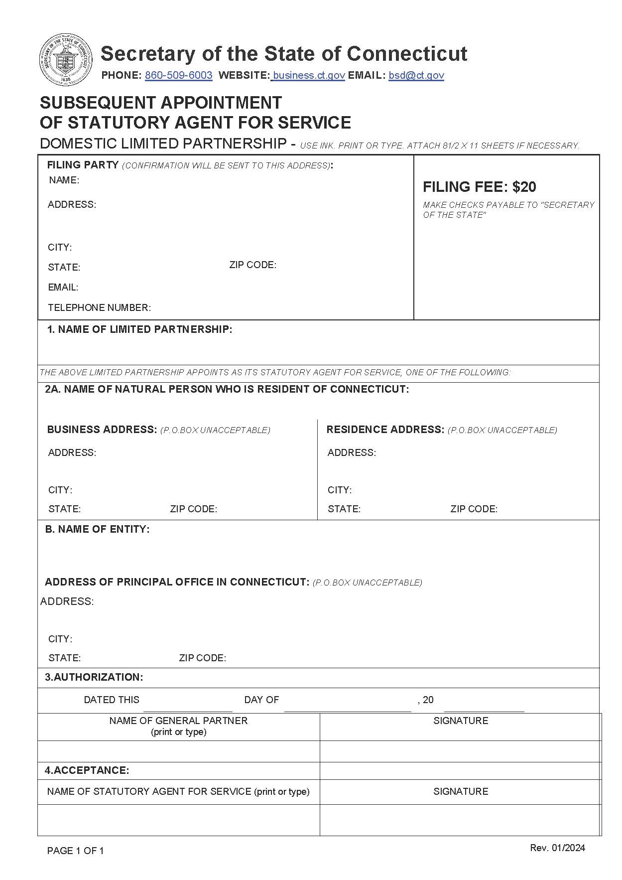 Subsequent Appointment Of Statutory Agent For Service (Domestic) | Pdf Fpdf Doc Docx | Connecticut